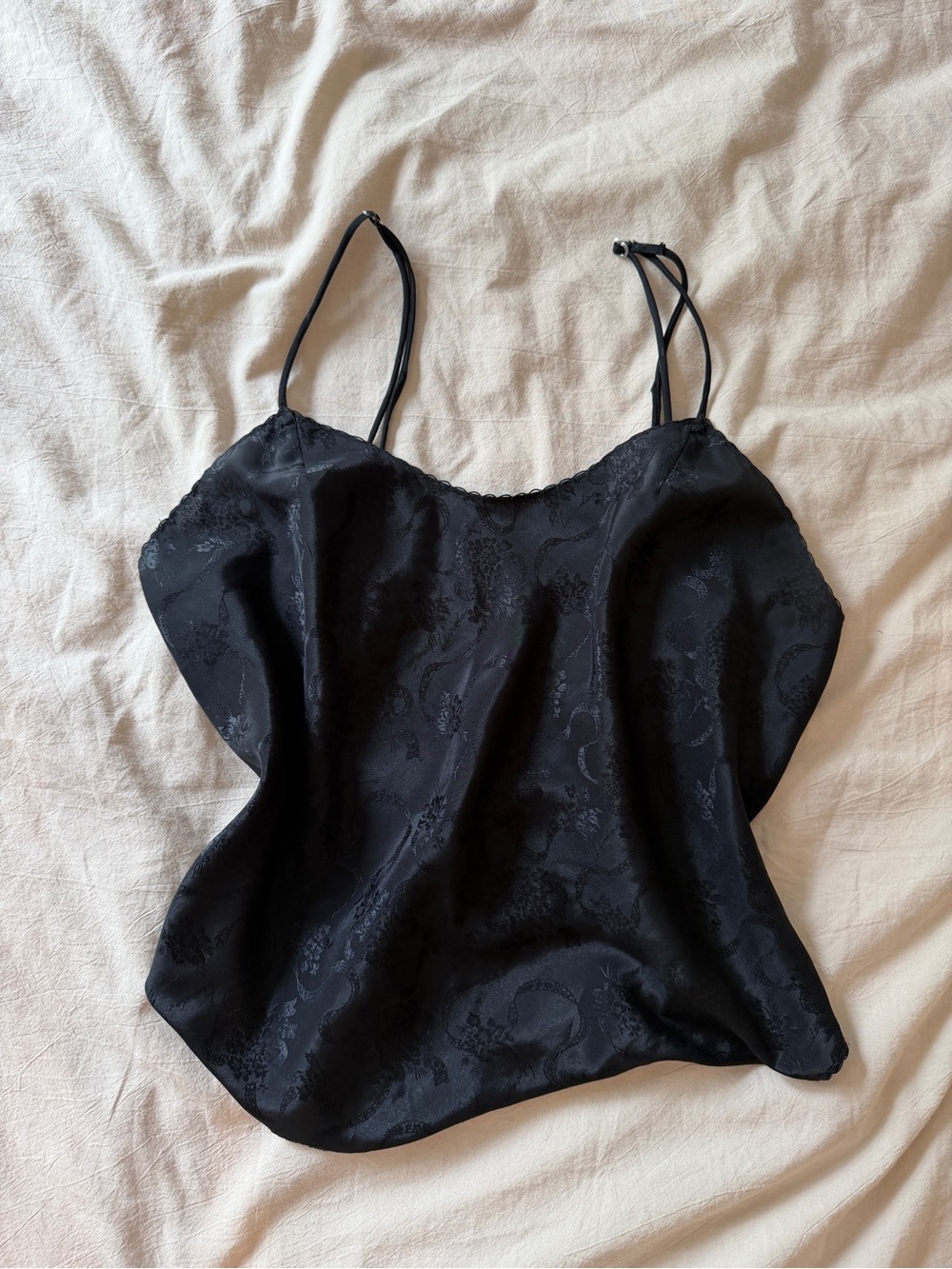 Black Jacquard Satin Cami Tank with Adjustable Spaghetti Straps